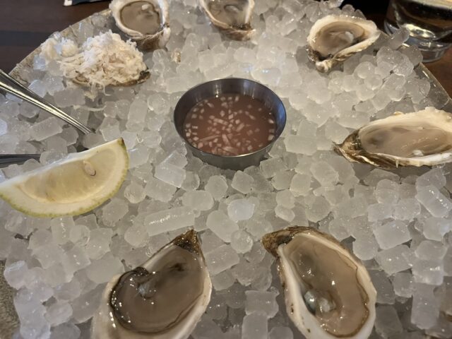 a plate of raw oysters, half-shelled, over a plate of ice